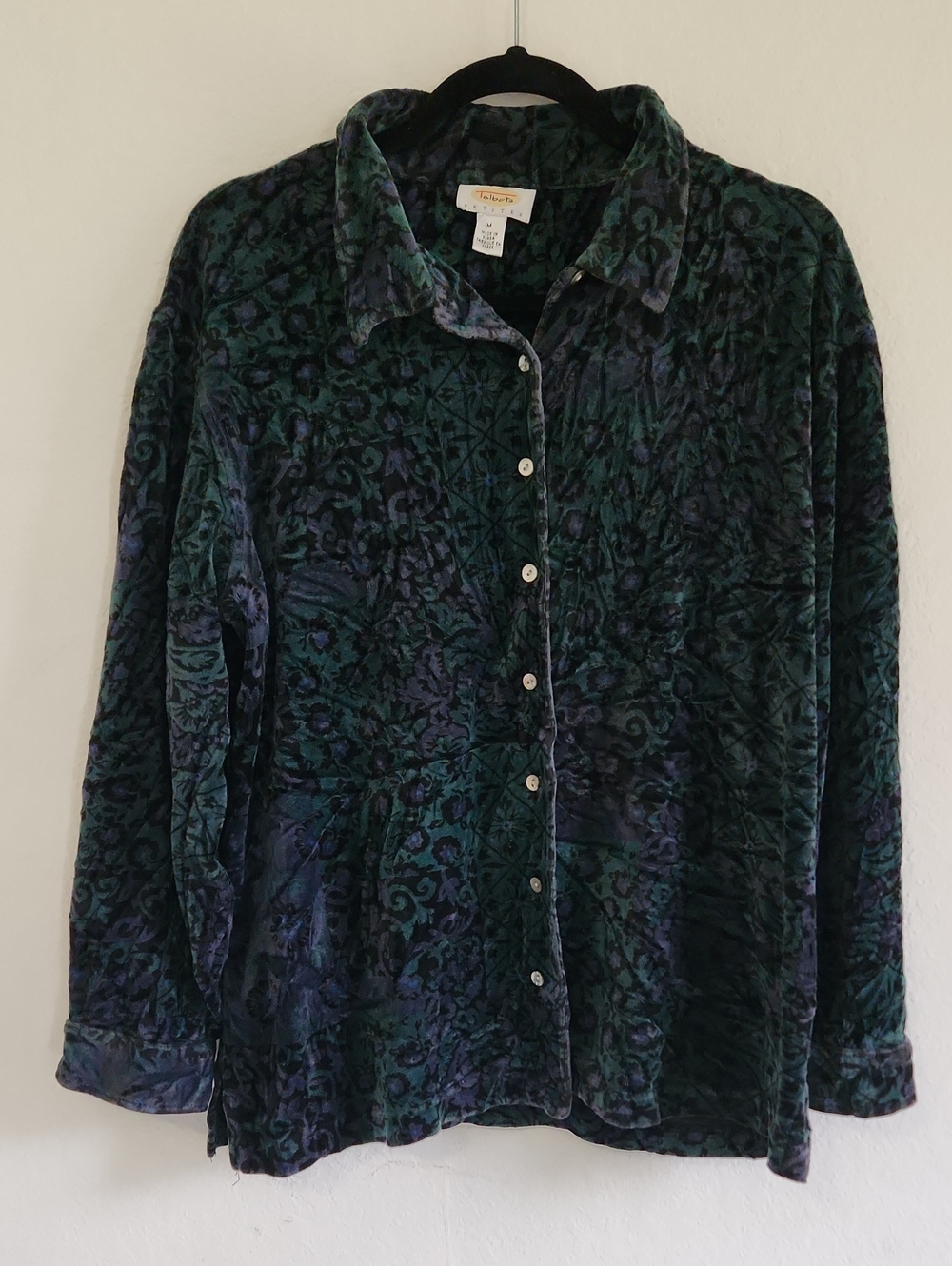 Vintage Dark Academia Whimsigoth Talbots Velvet Floral Scroll Button Shirt PM